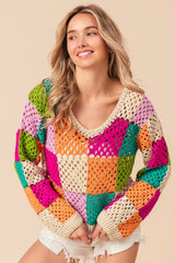 BiBi Multicolor Checkered Long Sleeve Knit Top - Trendy Open Knit Scoop Neck