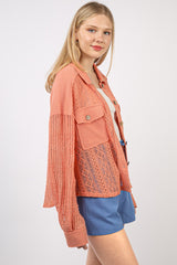 VERY J Women's Button-Up Long Sleeve Lace Shirt with Patch Pockets - Casual & Sophisticated
