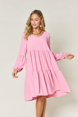 Elegant V-Neck Balloon Sleeve Tiered Dress with Pockets - Perfect for Every Occasion