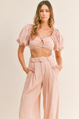 MABLE Women's Cut Out Drawstring Crop Top & Belted Pants Set - Trendy Two-Piece Outfit