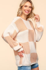 Haptics Women's Full Size Checkered Round Neck Drop Shoulder Sweater - Cozy Winter Fashion