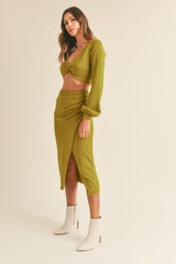 MABLE Women's Front Twisted Knit Top & Midi Skirt Set - Chic & Versatile Outfit