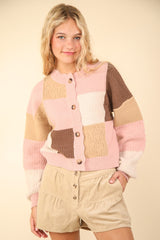 VERY J Women's Color Block Button Down Cardigan - Crop Length, Drop Shoulder Design, Soft Texture