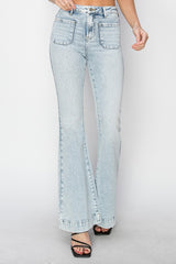 Trendy Full Size High Rise Flare Jeans with Stylish Front Patch Pockets