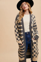Annie Wear Women's Checkered & Striped Open Front Cardigan with Long Sleeves