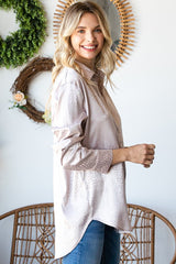 Elegant Full-Size Ditsy Dot Satin Shirt - Chic Button Down with Collared Neckline