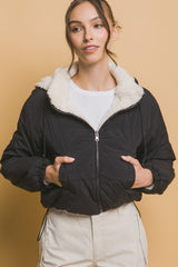 Love Tree Versatile Cropped Sherpa Hooded Jacket - Reversible Zip-Up Style