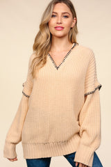 Haptics Women's Contrast Stitching Long Sleeve Hooded Sweater - Cozy Acrylic Knit Pullover