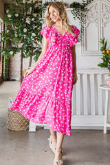 Elegant Reborn J Printed V-Neck Ruffle Trim Tiered Midi Dress - Perfect for Special Occasions