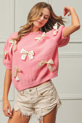 BiBi Ribbon Bow Detail Puff Sleeve Sweater - Feminine & Versatile