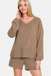 Zenana V-Neck Ribbed Lounge Set - Stylish Long Sleeve Top & Comfy Shorts