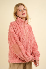 VERY J Women's Cozy Fuzzy Fleece Half Zip Sweatshirt with Cable Pattern & Corduroy Elbow Patches