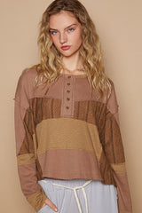POL Women's Color Block Drop Shoulder Knit Top - Stylish Half Button Design