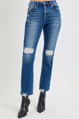 RISEN Women's High Rise Distressed Crop Straight Jeans - Trendy Denim