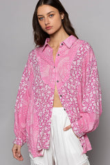 POL Oversized Button Down Long Sleeve Paisley Print Cotton Shirt
