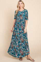 BOMBOM Women's Printed Shirred Maxi Dress - Stylish & Comfortable