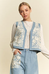 Davi & Dani Lace Patch Open Front Denim Vest – Chic & Versatile Layering Piece