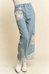 Davi & Dani Women's Lace Applique Wide Leg Jeans - Trendy Cotton Denim