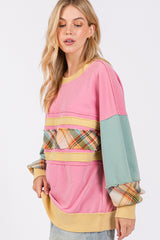 Trendy Mineral Wash Raw Edge Color Block Sweatshirt with Plaid Print