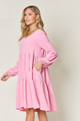 Elegant V-Neck Balloon Sleeve Tiered Dress with Pockets - Perfect for Every Occasion