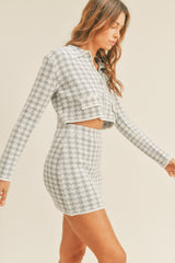 Chic Houndstooth Cropped Knit Cardigan & Mini Skirt Set - MABLE