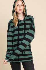 BOMBOM Women's Striped Drawstring Dropped Shoulder Hoodie - Trendy Streetwear