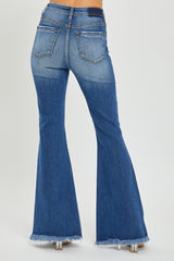 RISEN Full Size High Rise Flare Jeans with Front Slit & Frayed Hem