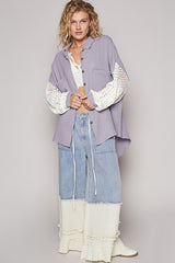 Trendy POL Openwork Lantern Sleeve Gauze Shirt for Women - Button Down, Cotton Fabric