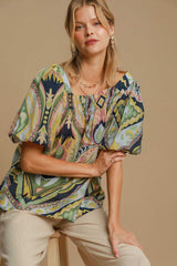 Umgee Women's Full Size Abstract Print Smocked Blouse with Square Neck & Puff Sleeves - Vibrant Style & Comfort