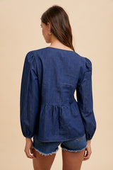 Annie Wear Women's Tie Front Peplum Long Sleeve Denim Top