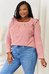 Women's Stylish Square Neck Ruffle Shoulder Long Sleeve T-Shirt