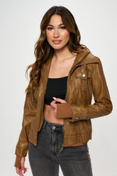 Coalition LA Vegan Leather Double Zip Hooded Jacket with Drawstring