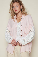 Stylish Openwork Lantern Sleeve Button Down Gauze Cotton Shirt
