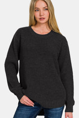 Zenana Women's High Low Long Sleeve Waffle Knit Sweater - Cozy & Chic