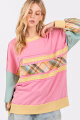 Trendy Mineral Wash Raw Edge Color Block Sweatshirt with Plaid Print