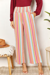 Chic Striped Smocked Waist Pants with Pockets for Versatile Wear