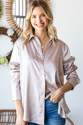 Elegant Full-Size Ditsy Dot Satin Shirt - Chic Button Down with Collared Neckline