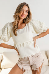 BiBi Tassel Detail Textured Square Neck Sweater - Stylish Short-Sleeve Knitwear