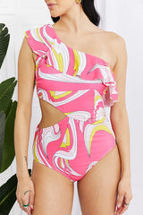 Marina West Swim Retro Vitamin C Asymmetric Ruffle Cutout Swimsuit in Pink