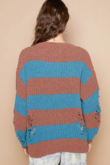 POL Striped Distressed Long Sleeve Chenille Sweater for Women
