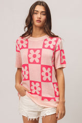 BiBi Flower Checker Pattern Short Sleeve Sweater - Chic & Stylish
