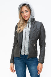 YMI Women's Faux Layered Jacket with Fuzzy Hood & Double Zipper - Stylish & Warm Outerwear