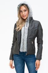YMI Women's Faux Layered Jacket with Fuzzy Hood & Double Zipper - Stylish & Warm Outerwear