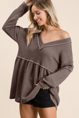 BiBi Women's Waffle Knit V-Neck Babydoll Blouse - Stylish & Cozy Fashion