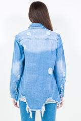 American Bazi Frayed Hem Distressed Denim Shirt Jacket - Versatile & Trendy Outerwear