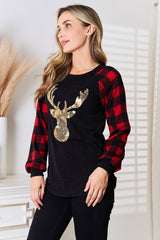 Heimish Festive Sequin Reindeer Plaid Top for Holiday Cheer