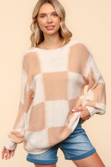 Haptics Women's Full Size Checkered Round Neck Drop Shoulder Sweater - Cozy Winter Fashion