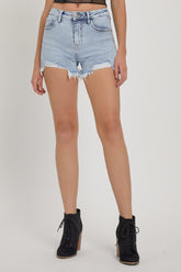 RISEN High Rise Denim Shorts with Rhinestone Strap - Sparkling Summer Style