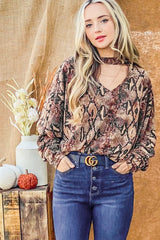 Chic Choker Neck Snake Print Dolman Sleeve Top - Stylish & Trendy