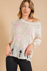 Kori America Heart Pattern Distressed Sweater - Trendy Knitwear for Women